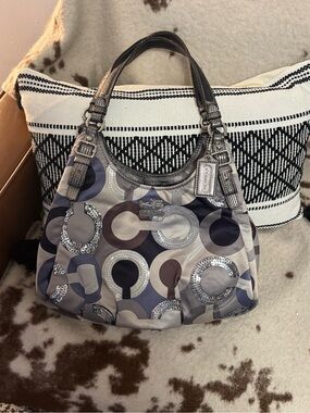 Coach Madison Signature Circle Print Tote in Gray and Silver